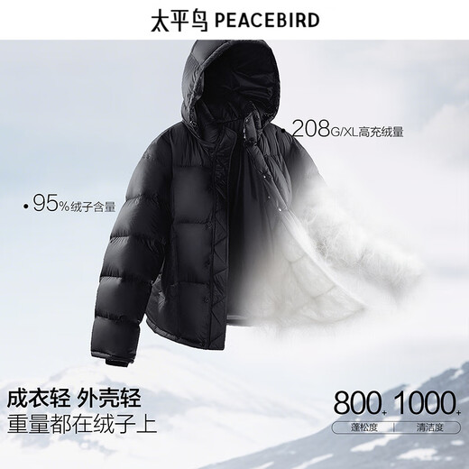 PEACEBIRD Herren 95 % importierte Entendaunen-Daunenjacke mit Kapuze, Winter-Brotjacke, kältebeständige kurze Rippenjacke, 15D Shadow Black (breiter Typ), dritte Charge, L