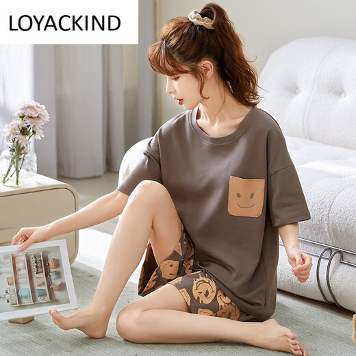 LOYACKIND Pyjamas pour Femmes Été Coton Mince Mignon Style Coréen Étudiant à Manches Courtes Deux-Pack Printemps et Automne Lâche Été Vêtements de Maison Marron GXT6636 Couleur de l'image XL (Recommandé 115-130 Jin Jin équivaut à 0,5 kg)