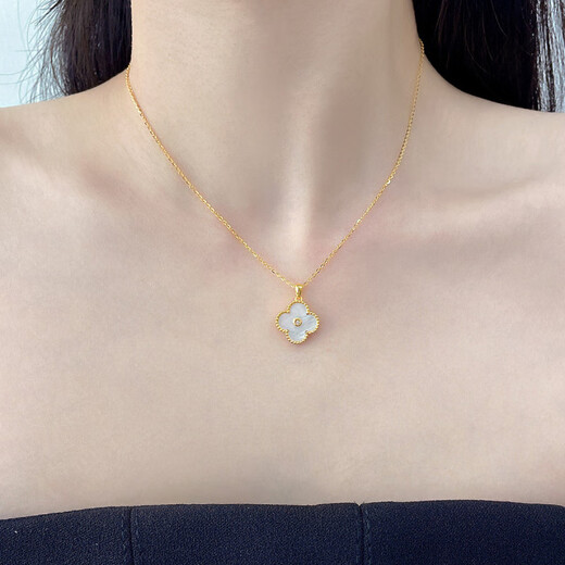 18K gold four-leaf clover diamond pendant rose gold color gold pendant au750 gold chain set birthday gift for girlfriend white mother-of-pearl 18K gold rose gold (with 18K gold necklace)