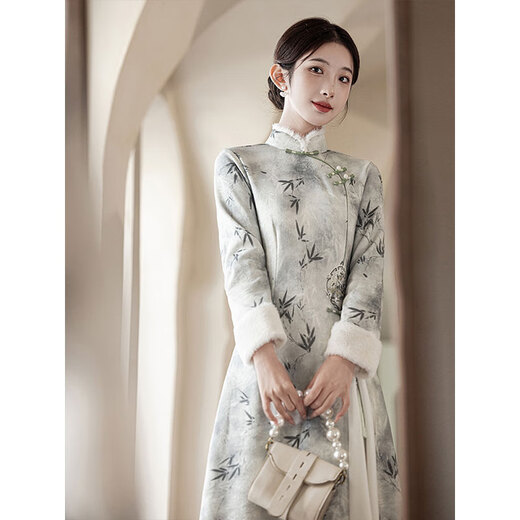 Du Yanzhi cheongsam new autumn and winter long-sleeved velvet thickened young style ink Chinese style improved dress flower shadow-silver white fur collar style L (165) 100-110Jin Jin equals 0.5 kg