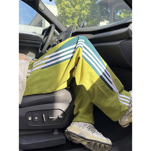 NASAWASSUP裤子男春夏季潮牌痞帅宽松阔腿休闲长裤三条杠薄款速干抽绳束脚裤 豆绿色K82-HM 2XL 【建议135-155斤】