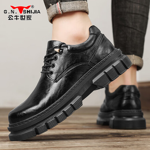 Bull Family Men's Shoes 2025 Autumn and Winter New British Business Casual Leather Shoes Thick-Soled Large-Toe Work Shoes Men's Martin Boots