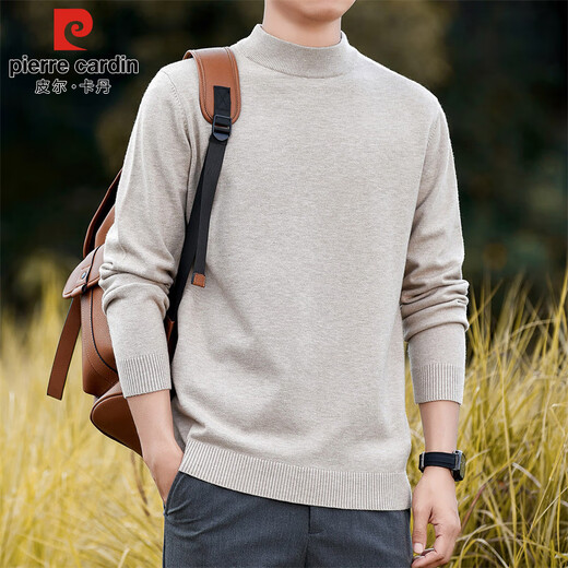 Pierre Cardin half turtleneck sweater for men autumn and winter warm inner sweater men's solid color casual top khaki 2XL