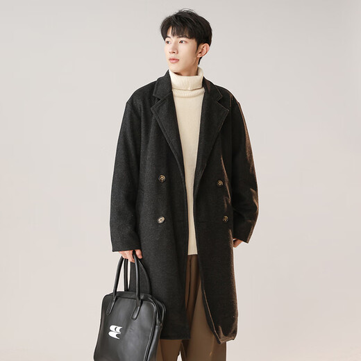 Dingfengbaoluo Korean style woolen coat for men winter mid-length thickened coat high-end double-breasted HK09 matte black L
