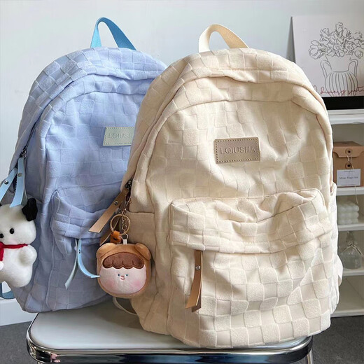星昔书包女高中大学生初中生大容量轻便背包简约百搭少女双肩包电脑包 浅卡其大号+毛绒挂件