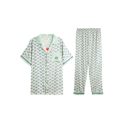 Fenton Pajamas Men's Fan Chengcheng's Same Style Star's Same Style Spring 5A Antibacterial Ice Silk Cool Cardigan Homewear Set Light Green-Men's 2XL