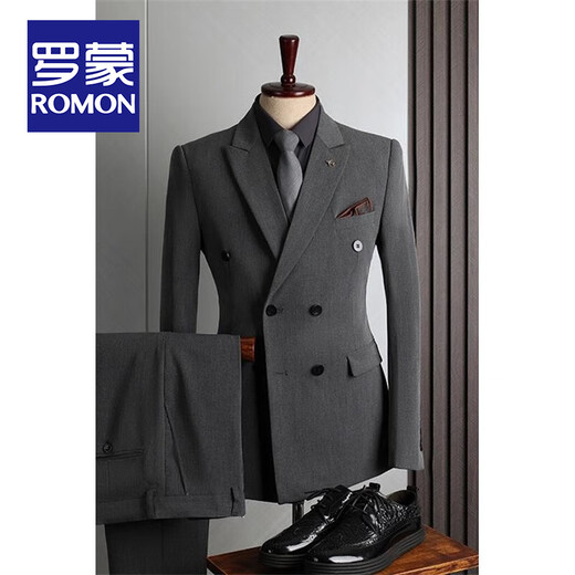 ROMON suit men's British style double-breasted business casual suit three-piece suit groom wedding dress small suit men black three-piece suit (suit+vest+trousers) 50/L size free brooch+pocket square