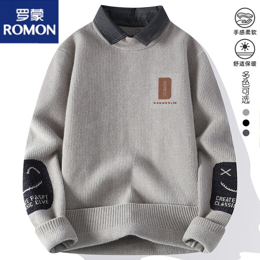 
Romon shirt collar sweater men's autumn and winter style plus velvet thickened fake two-piece sweater men's loose casual inner sweater M9901 m white XL [120-140Jin [Jin equals 0.5 kg]]