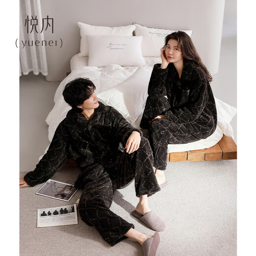 Yuenei Couple Pajamas Women's Autumn and Winter Coral Fleece Thickened Flannel Home Clothes Men's Black Suit 34109 Black Brown Men's 2XL (Male 160-180 Jin Jin equals 0.5 kg / Female 140-160 Jin Jin equals 0.5 kg)