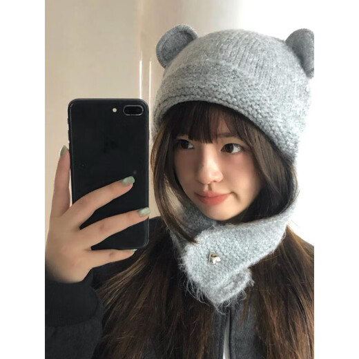 SOMUBAY (SOMUBAY) bear woolen hat for women, cute face-showing small woolen knitted hat, autumn and winter new warm ear protection Lei Feng hat, brown M (56-58cm)
