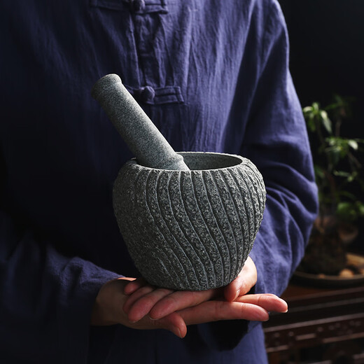 Boguo Xiong handmade retro bluestone mortar garlic press garlic masher pot stone cup mortar garlic mortar stone nest stone mortar retro threaded old stone mortar outer diameter 16CM