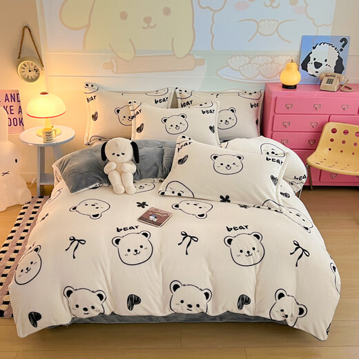 Hongdou Home Textiles Winter Thickened Milk Velvet Bed Four-piece Set Warm Coral Baby Velvet Sheets and Duvet Covers Double-sided Velvet Quilt Cover Bedding Black and White Bear Double-sided Velvet Thickened Warm 1.8m Sheet Style Four-piece Set - Quilt Cover 200*230cm