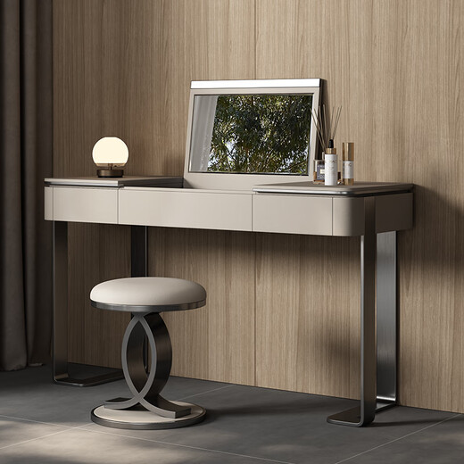 Jia Jia Huan minimalist light luxury dressing table high-end customized Italian style hidden flip with mirror solid wood bedroom dressing table high-end 1 meter dressing table + stool titanium gray stainless steel
