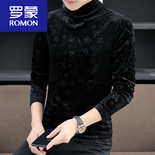 罗蒙（ROMON）加绒加厚半高领打底衫男士黑色金丝绒长袖t恤秋冬季内搭T 691黑色 2XL