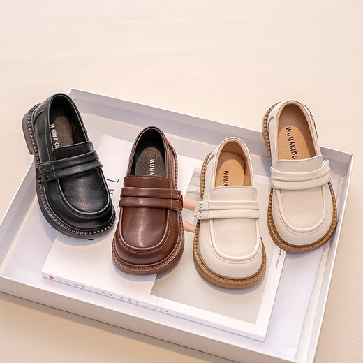 Shepherd Niu (MUTONGNIU) girls' shoes, children's small leather shoes, new spring and autumn soft-soled genuine leather baby British style single shoes, black, off-white, 25, inner length of the shoe 16.2CM, foot length about 15.4