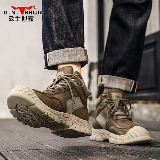 
Bull Family Men's Shoes Spring and Autumn New Handmade Outdoor Non-Slip Martin Boots Men's Casual High-top Leather Shoes Working Boots Men's Khaki [Four Seasons Single Shoes] GN124101279 41 (Sports Shoes Size)