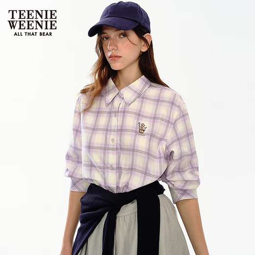 Teenie Weenie Bear Women's Shirt 2025 Autumn New Fun Embroidered Colorful Plaid Lapel Shirt