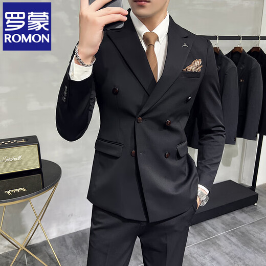 ROMON spring and autumn off-white double-breasted suit for men, slim, handsome, casual, small suit jacket style, white (jacket + pants) M