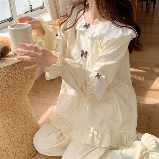 TULX睡衣女宫廷风秋季女款甜美小个子2023新款棉长袖家居服春秋款 杏色6210#【33Y】 2XL 130-145斤