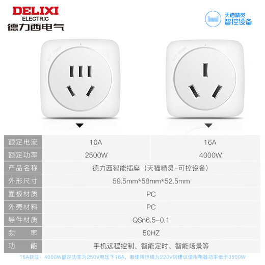 Delixi Elf smart socket wireless mobile phone WIFI row household multi-function power plug 16A 16A/4000W size 59*28*52.5
