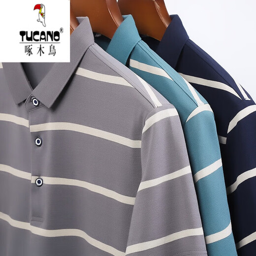 Holzspecker (Tucano) Horizontal gestreiftes Kurzärmel-T-Shirt für Männer im Sommer mit Baumwoll-Revers-Polo. Hemd mit mittlerem Alter Daddy-Outfit losen Halshälfte halbärmelte Top 1278 Top Green S 165