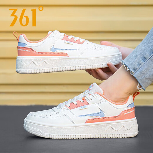 361 Chaussures pour femmes, chaussures décontractées, 2025 Chaussures pour la planche à roulettes pour femmes Summer, Face en cuir, petites chaussures blanches, chaussures de sport imperméables pour femmes, plume blanc / orange rose 6623 37