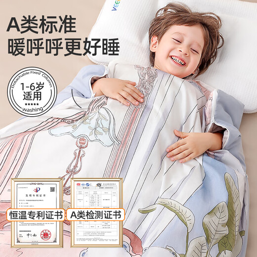 Warm-European detachable children's autumn and winter thickened constant temperature baby sleeping bag, anti-kicking quilt for big children, universal for all seasons, sleeping bear, beanie fleece, inner quilt cover + 1 thin quilt core + 1 thick quilt core