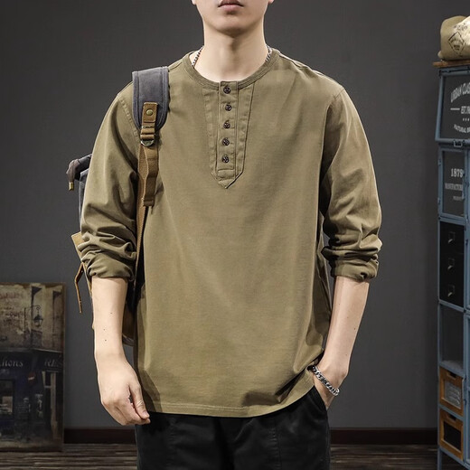 JEEP SPIRIT Jeep high-end pure cotton long-sleeved t-shirt for men 2025 new loose thin spring and autumn Henry collar bottoming shirt sweatshirt carbon gray XL (135-150) Jin Jin equals 0.5 kg