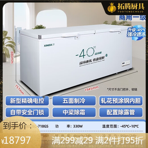Iosn German imported quality high-end freezer commercial freezer large capacity refrigerated freezing horizontal single temperature refrigerator fresh-keeping freezer deep-freezing high-end model丨1.95m丨-45-718 upgrade