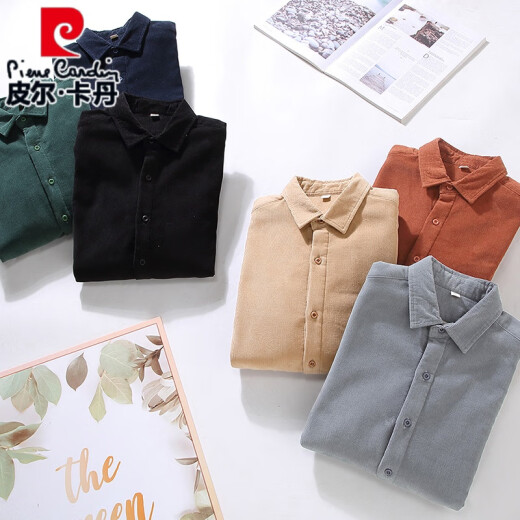 皮尔卡丹（pierre cardin）加绒加厚日系灯芯绒衬衫男秋冬季复古纯色保暖长袖条绒衬衣外套潮 杏色/9717翻.领普通厚度 L