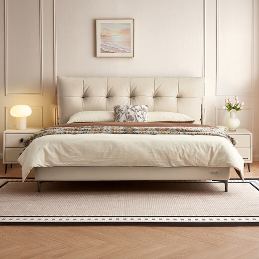 Quanyou Home Cream Style Leather Cloud Bed 1.8x2m Master Bedroom Furniture Upholstered Backrest High Leg Double Bed