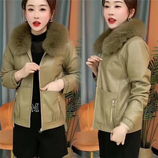 Pier Cardin Haining Plus Velvet Chaqueta de cuero tibia engrosada para mujeres 2025 Invierno Nuevo collar de piel corto de moda Chaqueta de cuero marrón XL recomendado 85-110Jin [Jin iguala 0.5 kg]