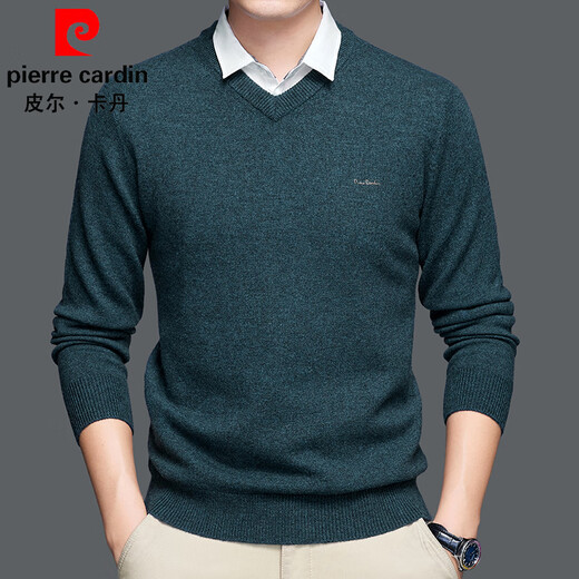 Pierre Cardin cardigan men's 100% wool fake two-piece sweater autumn and winter thick bottoming shirt warm shirt collar sweater for men light khaki M (170)