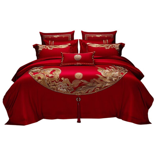 Malin Daofu Full Cotton Vierteilige Set 1,8 Meter Hochzeit 100er Jahre langer Samt Baumwollbrein verheiratet Big Red Dragon und Phoenix Hochzeit Stickerei Bettwäsche und Phoenix glückverheißender sechsteiliger Set 1,8 Meter/Blattstil (geeignet für 200-230 Quiltkern)