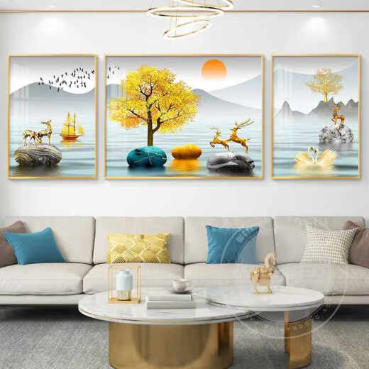 丞仔轻奢客厅装饰画沙发背景墙挂画壁画现代简约2025新款三联山水壁画 JD16822 左右35*50中间70*50 纹理油画布ps金框