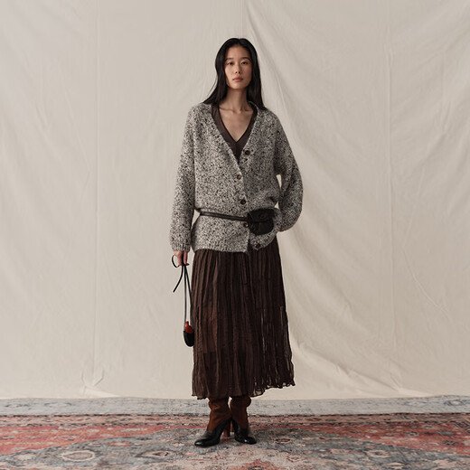 GREEN BELT sheep wool mixed color floral knitted cardigan 25 winter women's lazy style silhouette sweater jacket