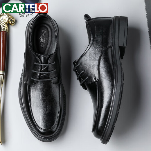 卡帝乐鳄鱼（CARTELO）纹男士皮鞋耐磨软牛皮休闲皮鞋男商务圆头厚底男鞋9671 黑色 41