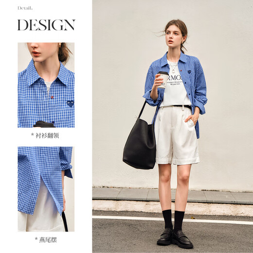 Olrain plaid shirt spring women's loose commuting lazy style MIU shirt tops blue plaid L