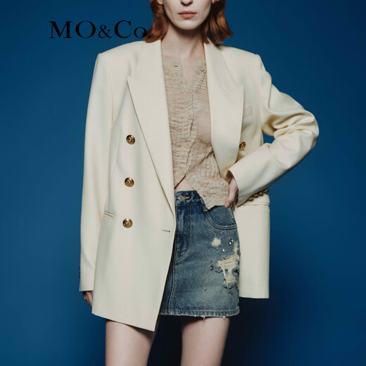 MO&Co. Spring and Autumn Sheep Wool Worsted Patch Collar Padded Shoulder Broad Shoulder Blazer Moanke Apricot S 160
