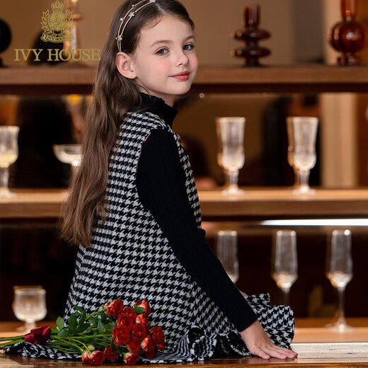 IVY HOUSE children's clothing for girls and older children winter new style houndstooth pattern vest dress princess skirt dress wool skirt black 150