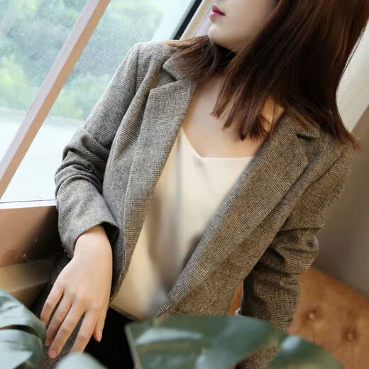 Clotho Rennie brand women's plaid blazer women's 2025 spring and autumn new style retro British style slim slim small suit coffee color 2XL