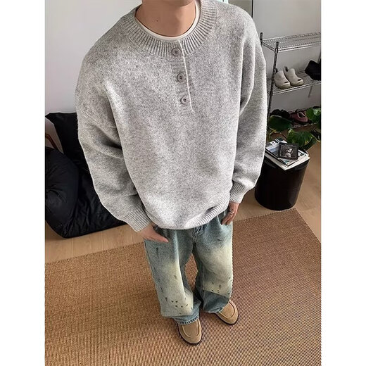 Chestnut Gray American Henley Collar Sweater Men's Autumn and Winter Premium Lazy Style Bottoming Sweater Cleanfit Inside 1961-Light Gray XL (Recommended 115-135 Jin Jin equals 0.5 kg)