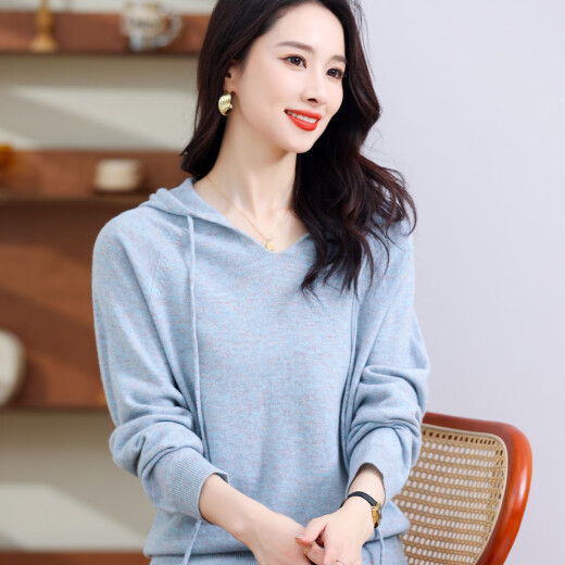 Chunzhu 100% sheep wool hooded women's pullover casual loose hooded long-sleeved sweater knitted top women's floral blue L/100CM