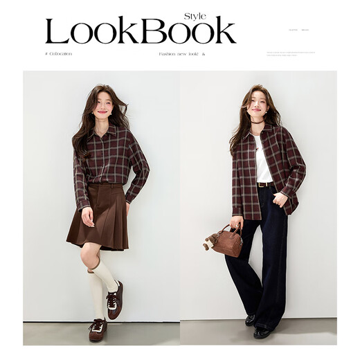 Osha retro contrasting plaid shirt women's winter new style slim brushed long-sleeved shirt top Angora Red XL