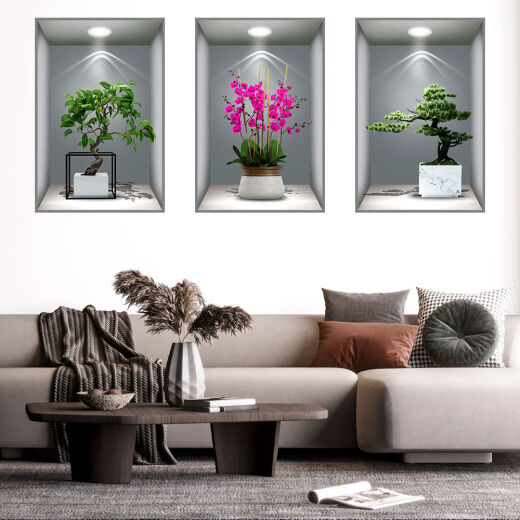 Liuhui triple three-dimensional high-definition stickers of plants and flowers 3D effect potted plants aisle staircase decoration painting hotel restaurant wall white frame 3D palmetto three pieces set extra small size: width 30*height 45cm