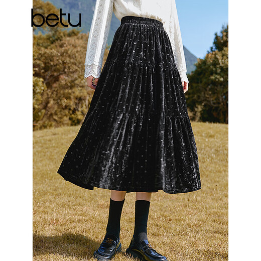 Betu women's winter new skirt elastic waist love velvet embossed skirt women 2411D05 black M