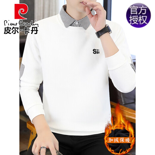 Pier Cardin Herbst und Winter Neues gefälschtes zweiteiliges Sweatshirt für Männer koreanischer Stil Slim Fit plus samt verdickte warme Hemdkragen Basis-Hemd-Unterwäsche 1391 Meter Weiß [Modell] plus Samt M 90-110jin [Jin gleich 0,5 kg]