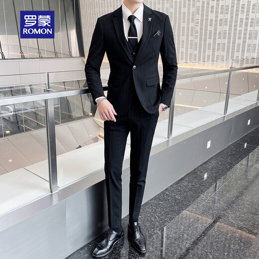 ROMON suit men's three-piece high-end tailoring business slim professional formal wedding dress jacket black L