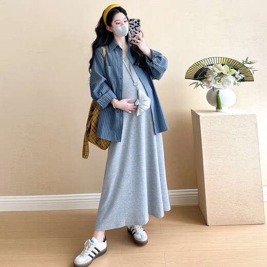 革曼孕妇装套装秋季2025韩版慵懒风春秋衬衫孕妇连衣裙两件套背心长裙 浅灰吊带裙+蓝色衬衫 XL