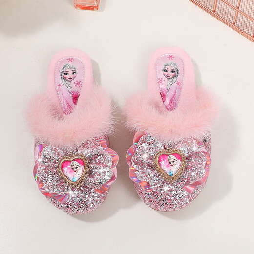 Children's Winter Plush Mops Fashion New Girls Elsa Princess Fashion Home Flat Heel Baotou Warm Cotton Mops Blue Plush 28 Size 28